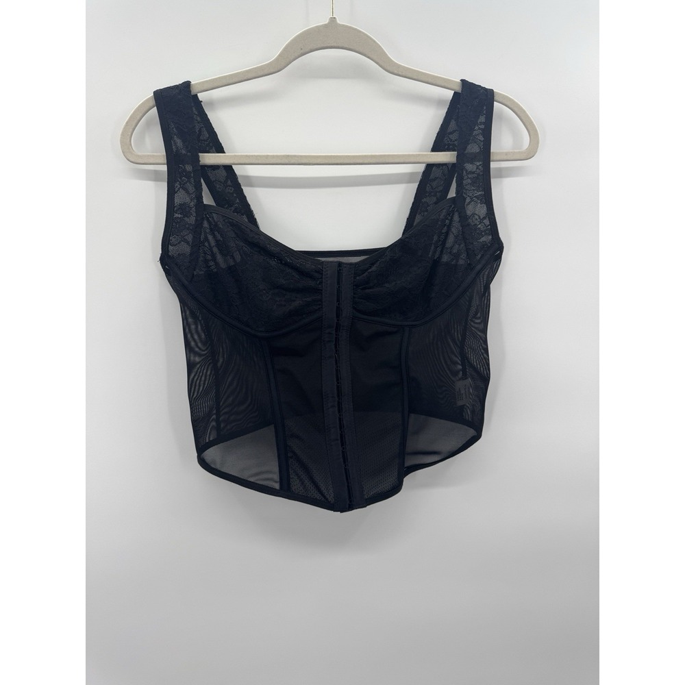 Whimsigoth Ren Faire Corset Top Womens Large Black Mesh Peasant Fairy Grunge